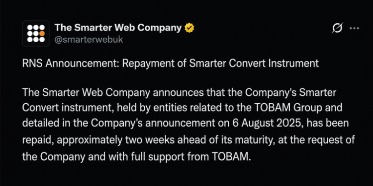 Bitcoin Treasury Firm Smarter Web Sells 177 BTC in Early Debt Repayment Move