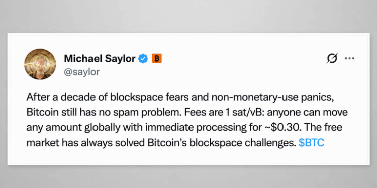 Michael Saylor Declares Bitcoin Has ‘No Spam Problem’ as BIP-110 Debate Escalates