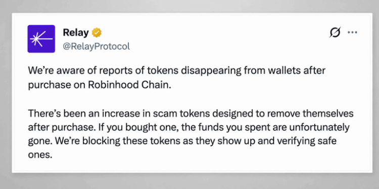 New Chain Hype Meets Old Scam Tactics: Relay Protocol Warns of Robinhood Chain Honeypot Coins