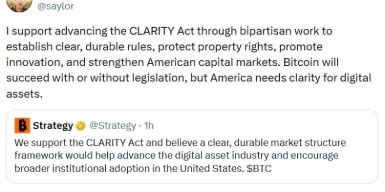 Saylor and Strategy Officially Back CLARITY Act for US Crypto