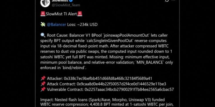 Balancer V1 Pool Hacked for $234K in Same Bug Family