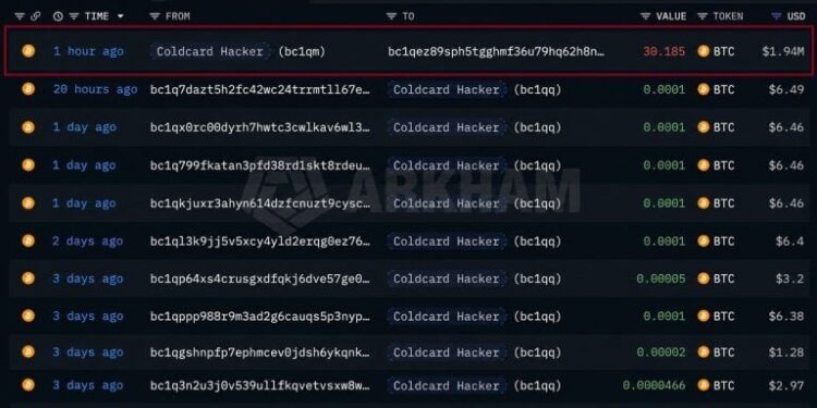 Coldcard Hacker Resumes Moving Stolen 30 BTC to New Wallet