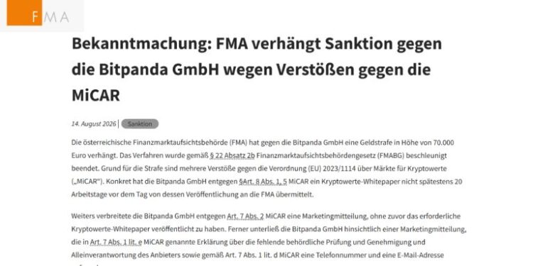 Austria Fines Bitpanda 70,000 Euros in First MiCA Crypto Penalty