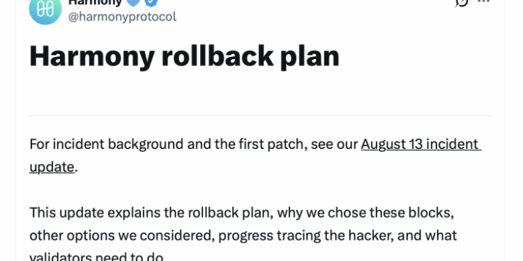 Harmony Protocol to Roll Back Network After Massive Exploit
