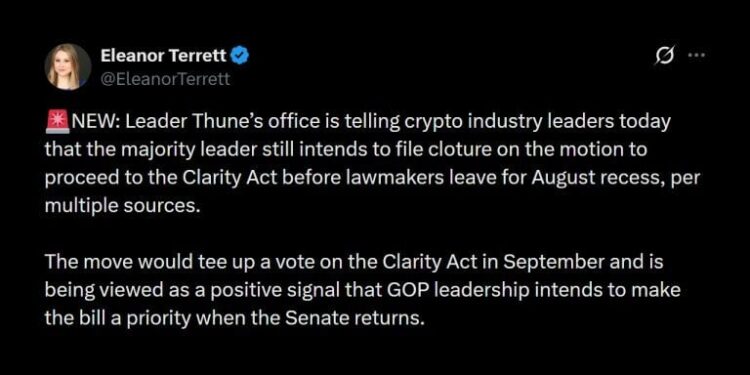 Thune to File Motion to Force September Vote on CLARITY Act