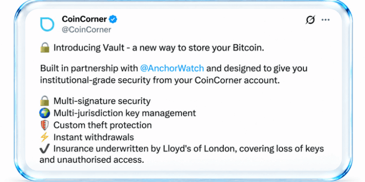Coincorner, Anchorwatch Roll out Bitcoin Custody With Lloyd’s Insurance