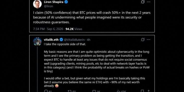 Ethereum’s Vitalik Bets 90% of His Net Worth Against an AI Bitcoin Crash
