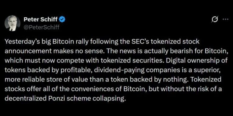 Schiff Warns Tokenized Stocks Will Siphon Liquidity From Bitcoin