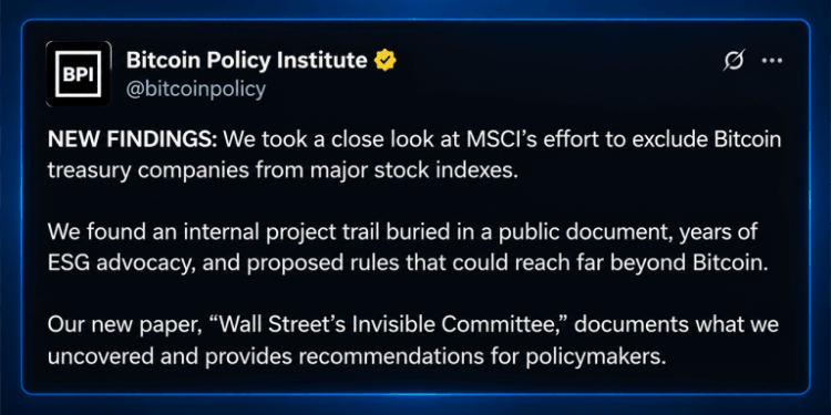 MSCI Rule Puts Strategy at Risk, Says Bitcoin Policy Institute Paper